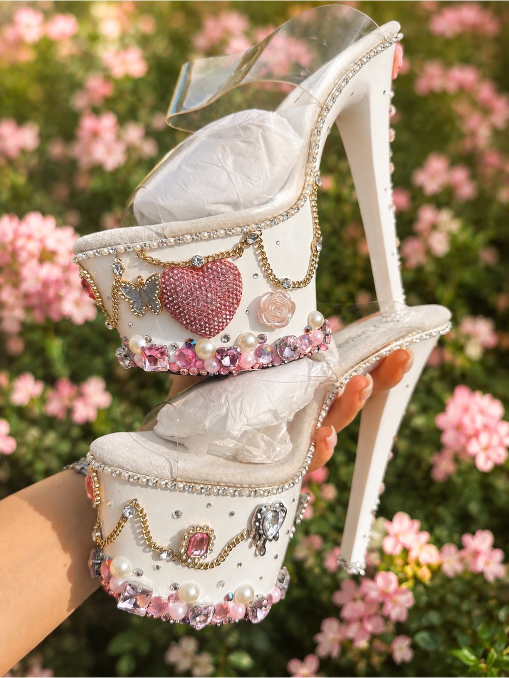 White Jeweled Platform Heels with Pink Crystal Accents